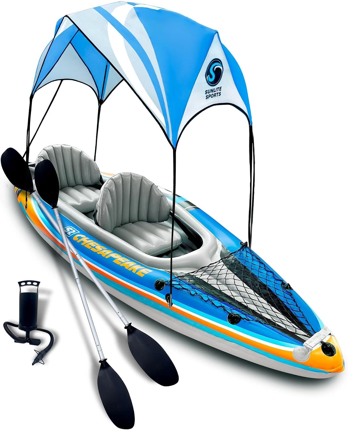 Kayak Inflatable 2 Person - เรือคายัคเป่าลมสำหรับ 2 คนพร้อมหลังคา, เรือเป่าลมแบบพกพาพร้อมหลังคาและไม้พายอลูมิเนียม, เรือคายัคแบบทูพีซน้ำหนักเบาพร้อมปั๊มลม