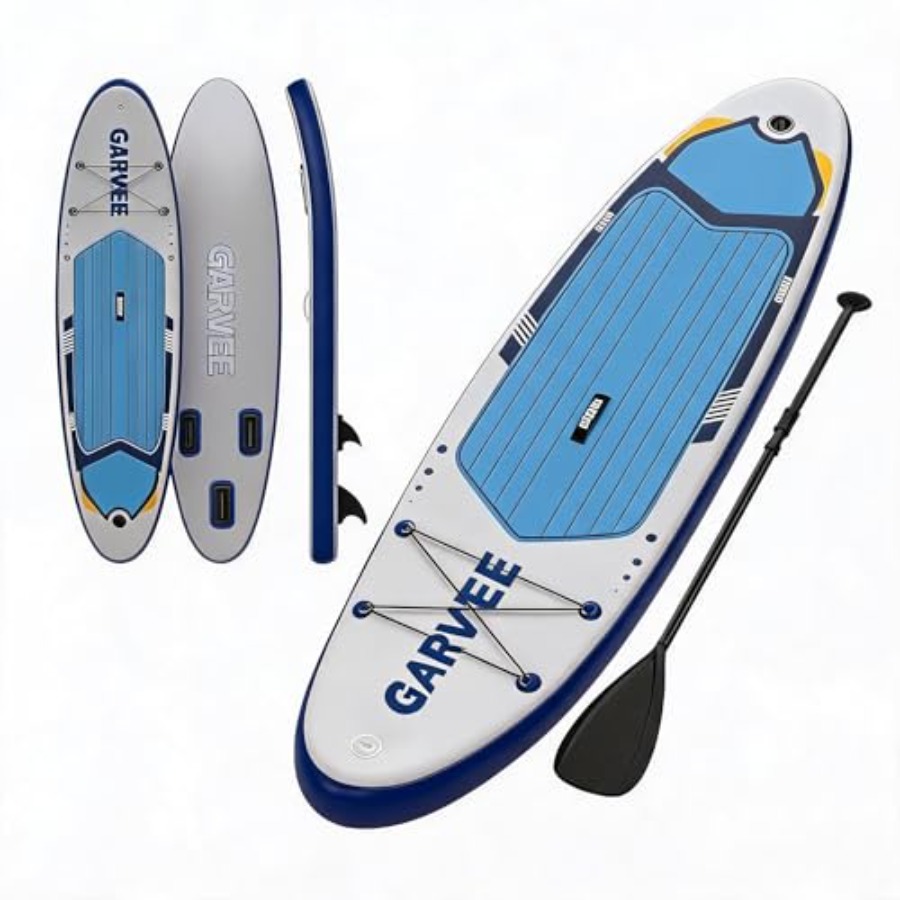 Inflatable Paddle Board 10.6Ft - กระดานยืนพายแบบเป่าลมสำหรับกีฬาทางน้ำกลางแจ้ง วัสดุ PVC ดีไซน์สีขาวและสีน้ำเงิน ความยาว 10.6
